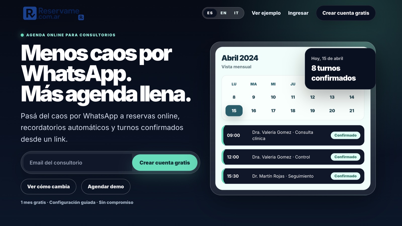Vista de la página principal de Reservame, una plataforma de reservas online